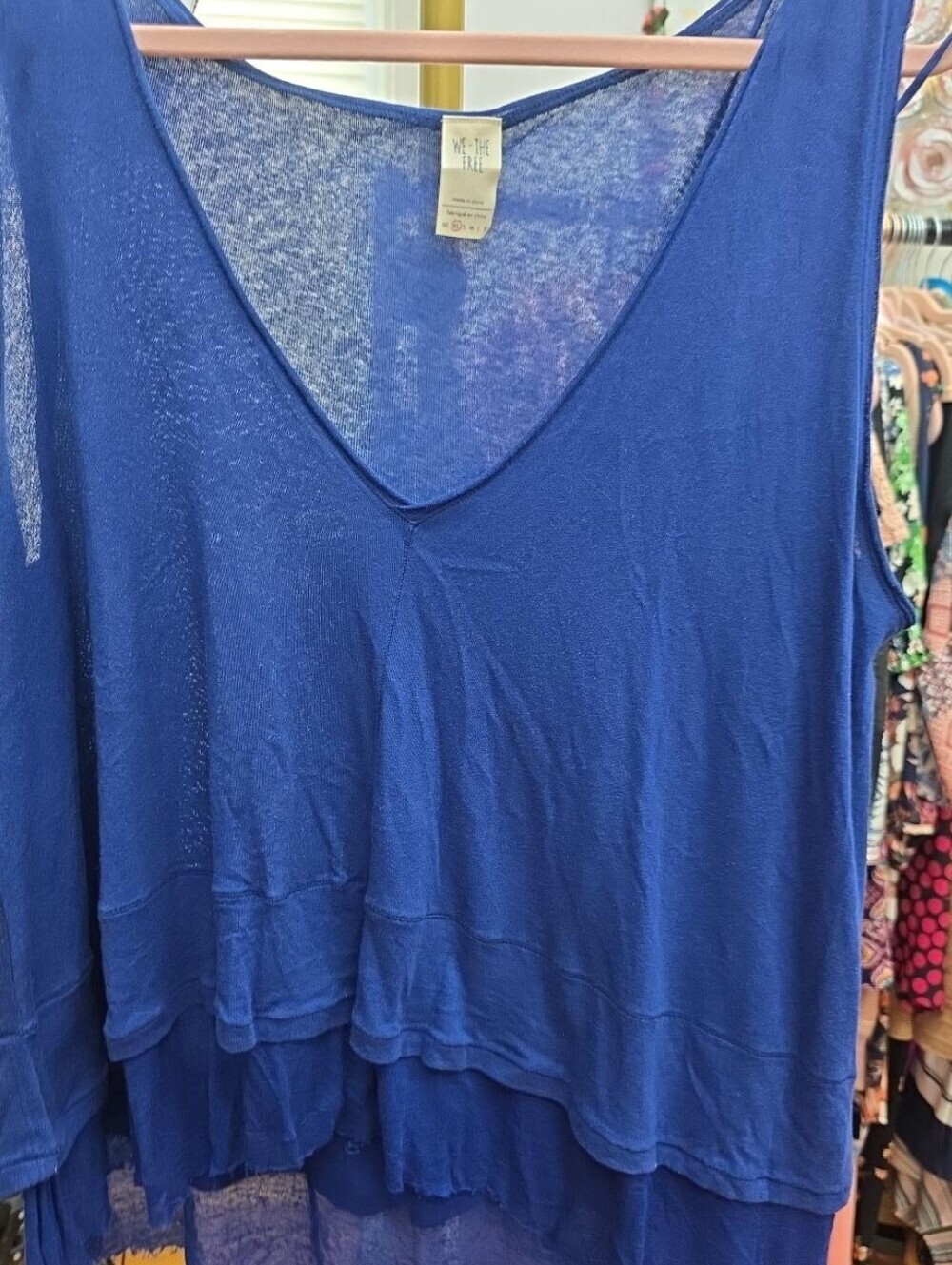 Free People We The Free Royal Blue V-Neck Tiered Sleeveless Tank Distressed XS - Picture 2 of 9